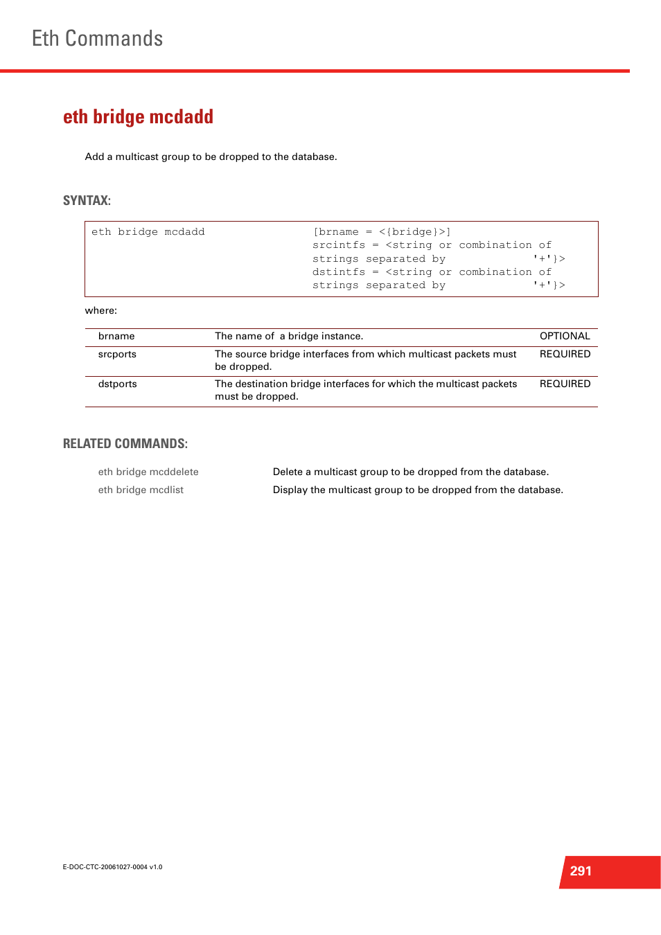 Eth bridge mcdadd, Eth commands | Technicolor - Thomson ST585 V6 User Manual | Page 315 / 834