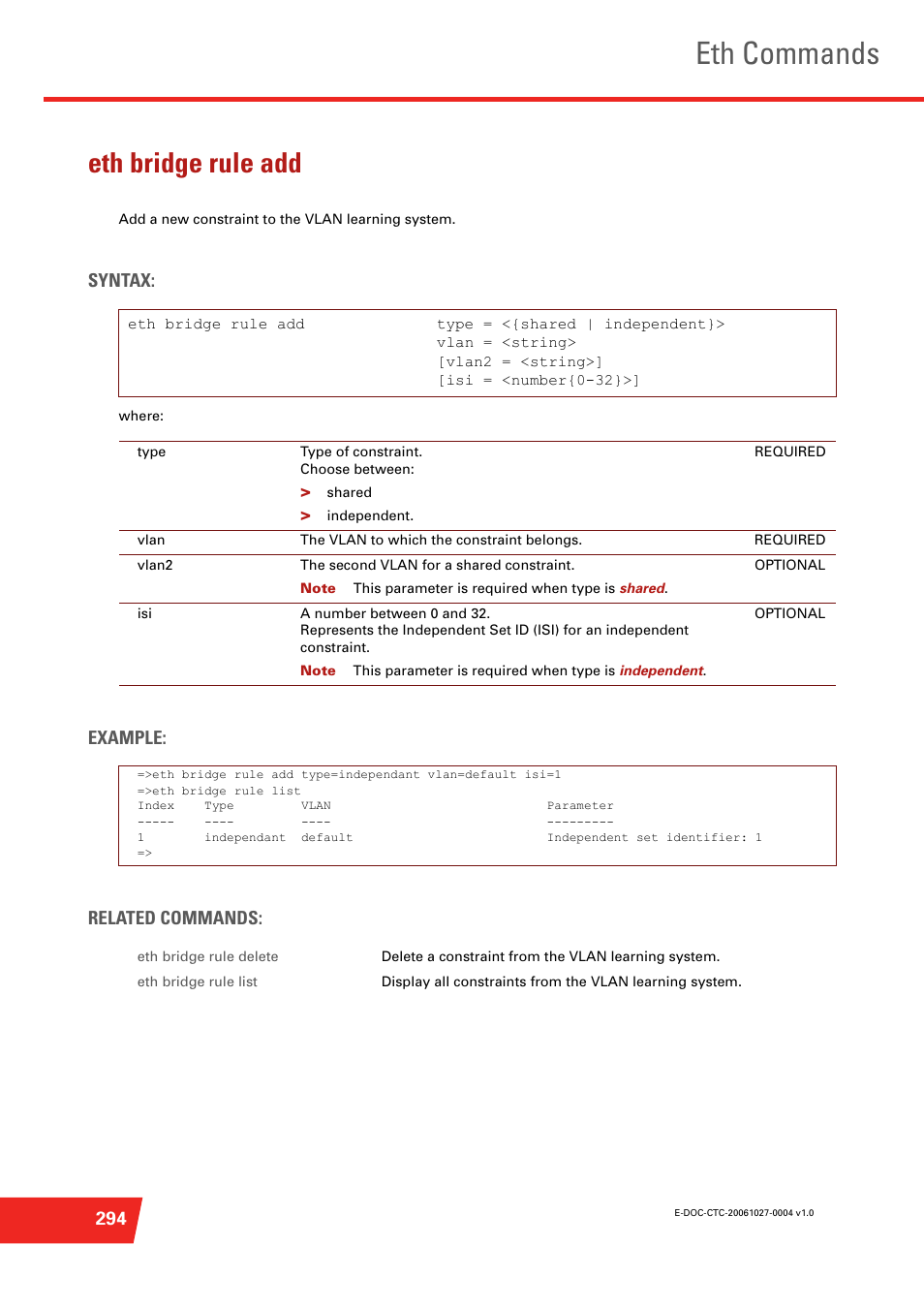 Eth bridge rule add, Eth commands, Syntax | Example: related commands | Technicolor - Thomson ST585 V6 User Manual | Page 318 / 834