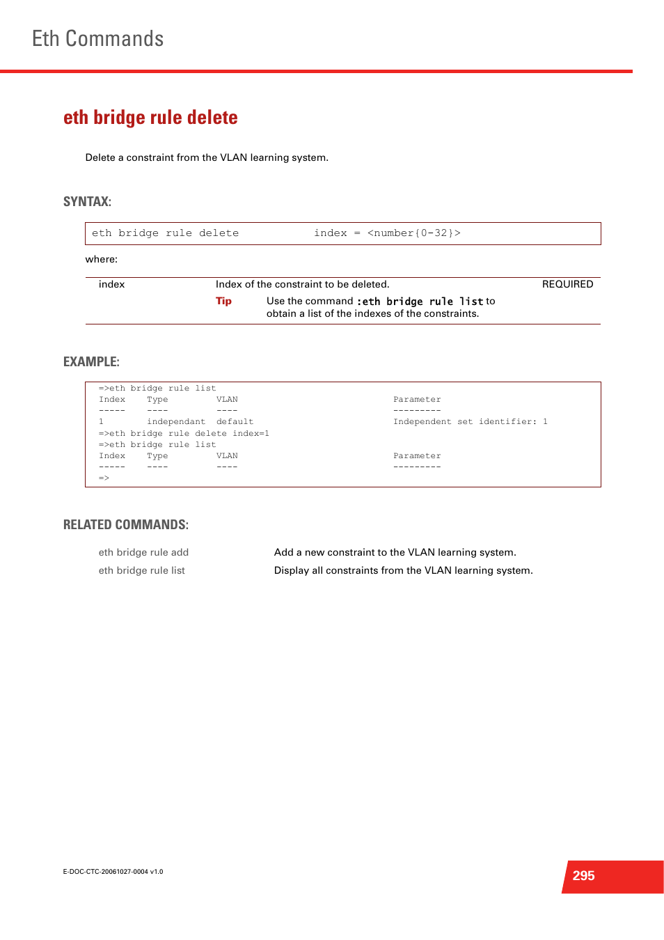 Eth bridge rule delete, Eth commands, Syntax | Example: related commands | Technicolor - Thomson ST585 V6 User Manual | Page 319 / 834