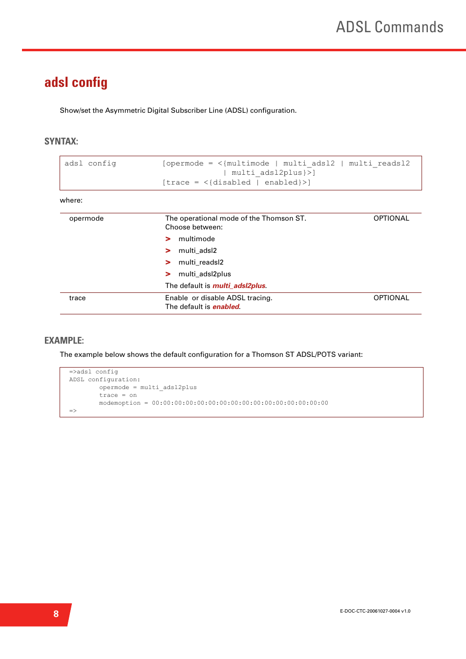 Adsl config, Adsl commands | Technicolor - Thomson ST585 V6 User Manual | Page 32 / 834