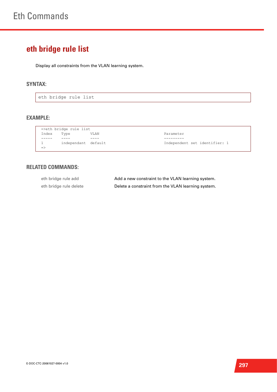 Eth bridge rule list, Eth commands, Syntax: example: related commands | Technicolor - Thomson ST585 V6 User Manual | Page 321 / 834