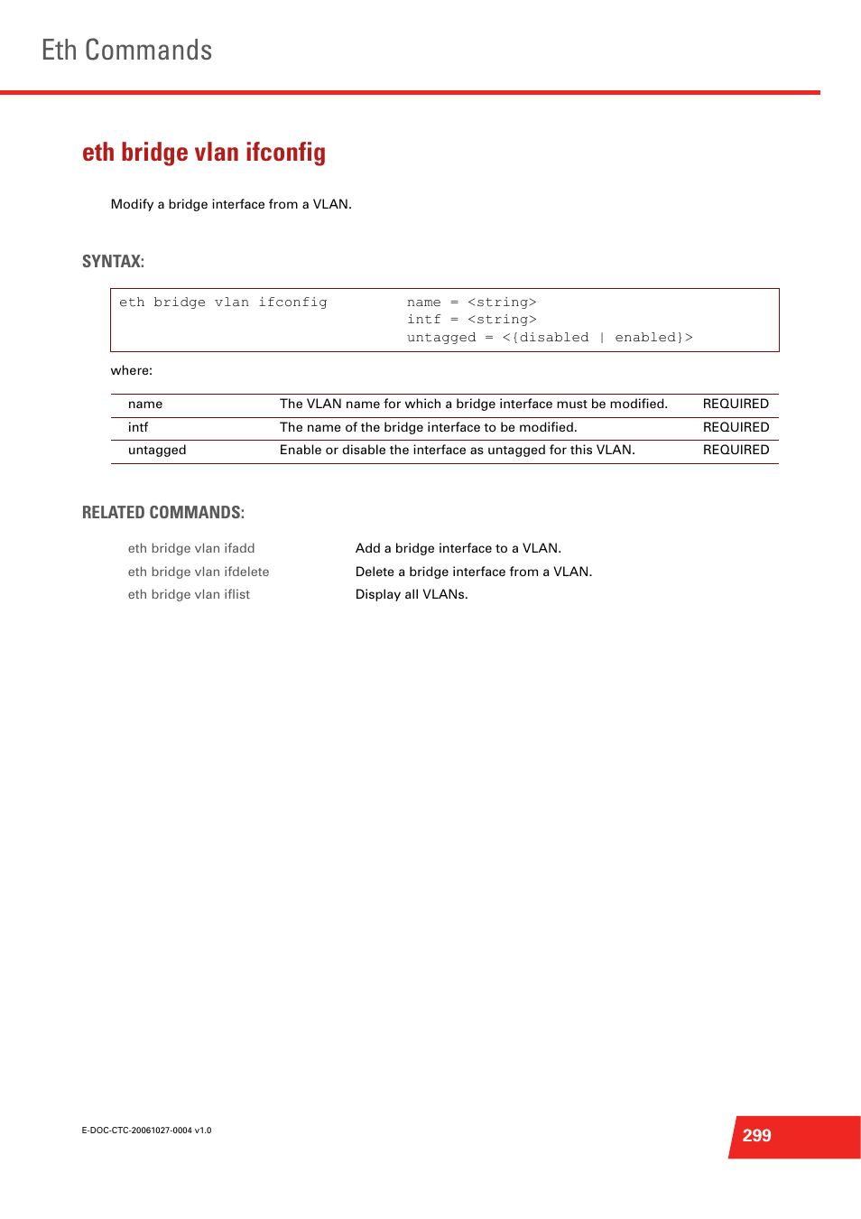 Eth bridge vlan ifconfig, Eth commands | Technicolor - Thomson ST585 V6 User Manual | Page 323 / 834