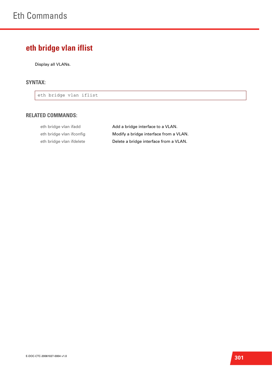 Eth bridge vlan iflist, Eth commands | Technicolor - Thomson ST585 V6 User Manual | Page 325 / 834