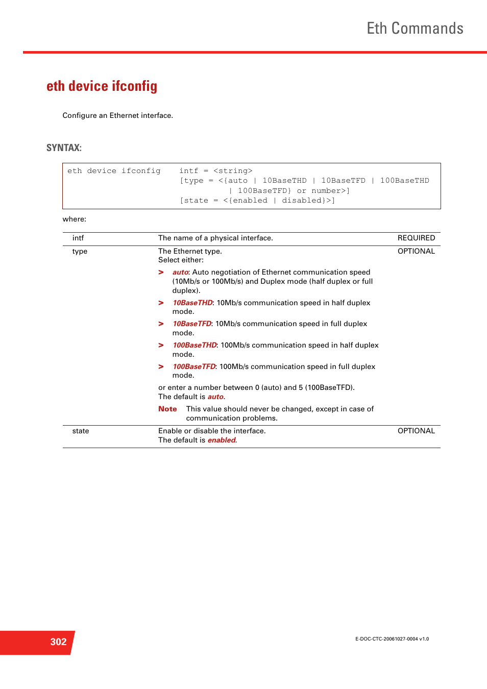 Eth device ifconfig, An ethernet interface, Eth commands | Syntax | Technicolor - Thomson ST585 V6 User Manual | Page 326 / 834