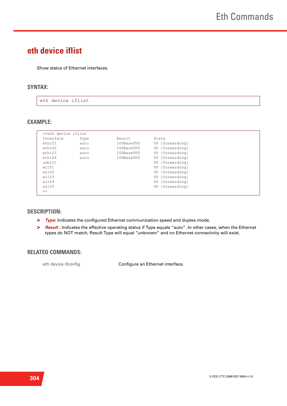 Eth device iflist, Eth commands, Syntax: example: description | Related commands | Technicolor - Thomson ST585 V6 User Manual | Page 328 / 834