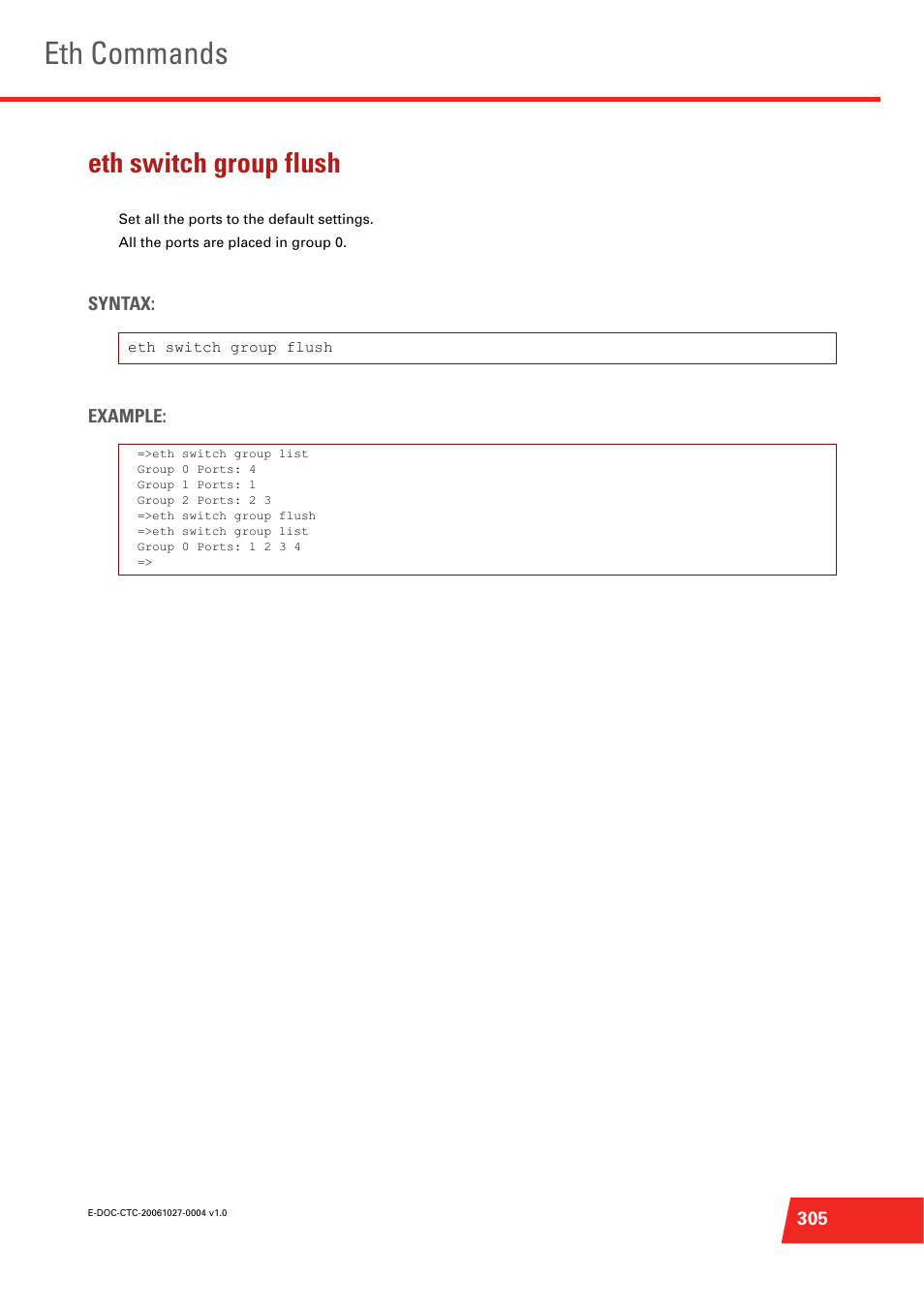 Eth switch group flush, Eth commands | Technicolor - Thomson ST585 V6 User Manual | Page 329 / 834