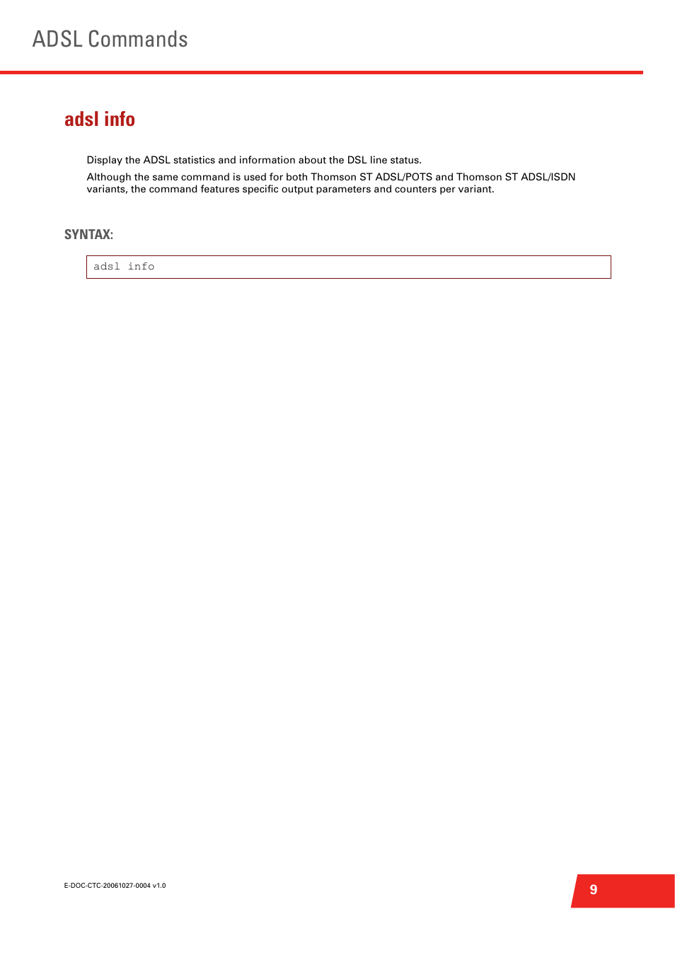 Adsl info, Adsl commands | Technicolor - Thomson ST585 V6 User Manual | Page 33 / 834