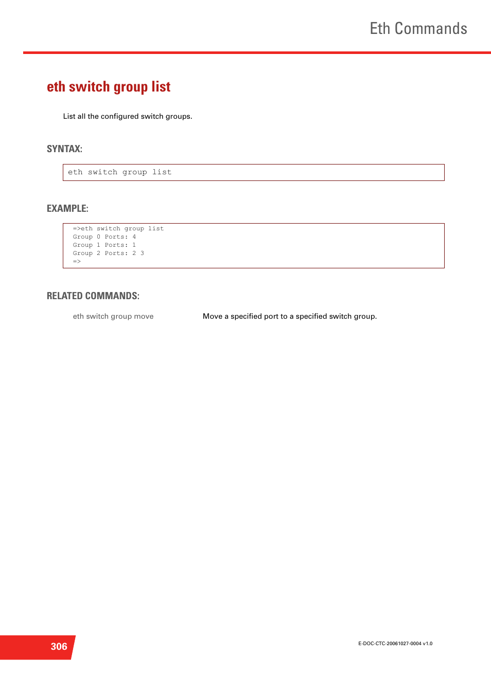 Eth switch group list, Eth commands | Technicolor - Thomson ST585 V6 User Manual | Page 330 / 834