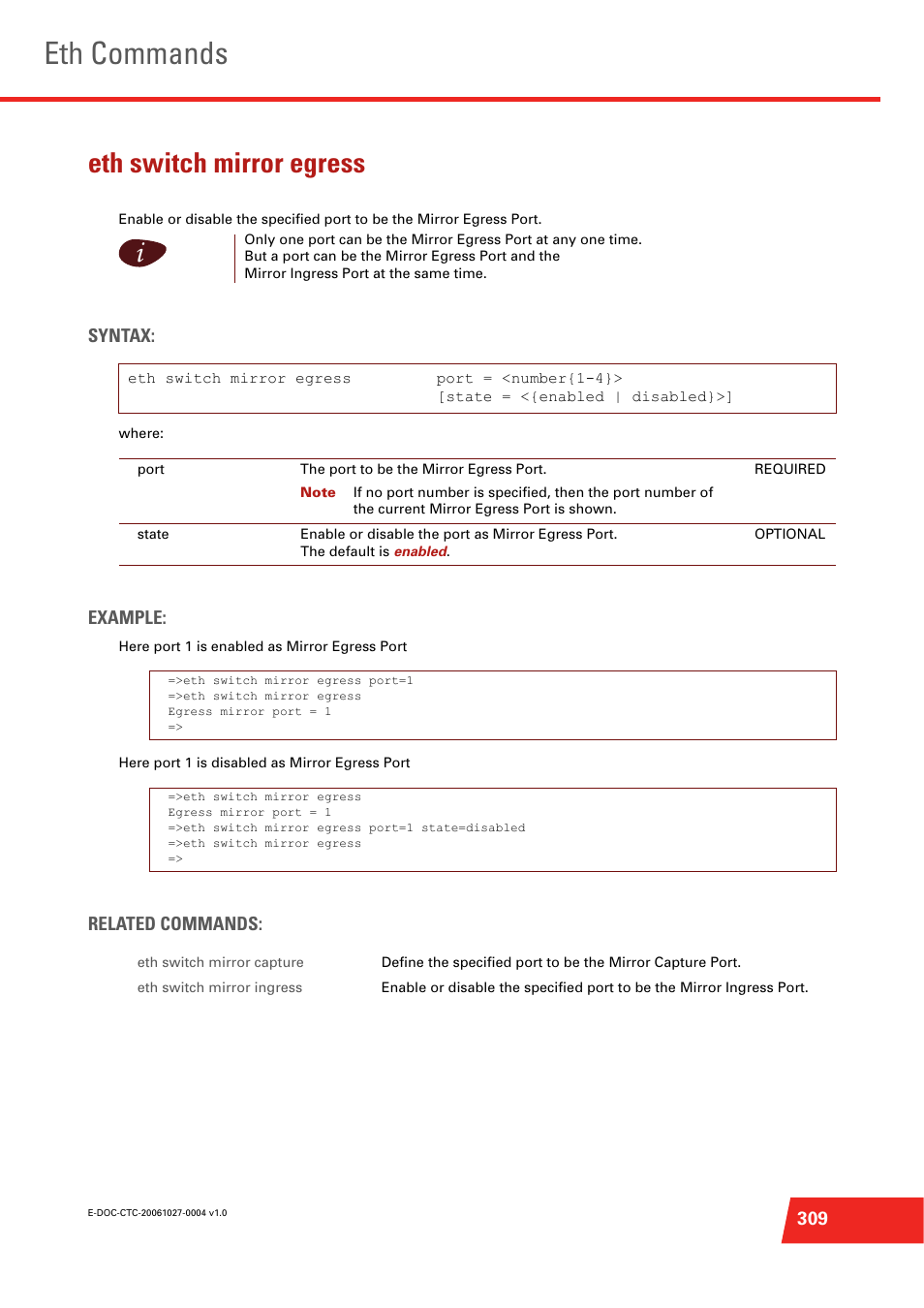 Eth switch mirror egress, Eth commands | Technicolor - Thomson ST585 V6 User Manual | Page 333 / 834