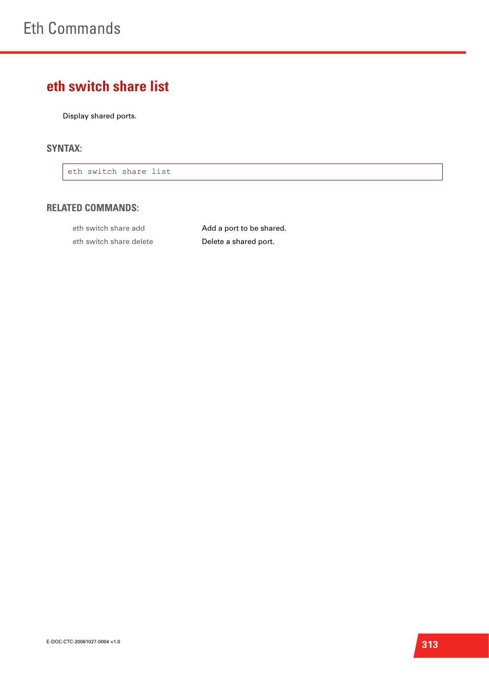 Eth switch share list, Eth commands | Technicolor - Thomson ST585 V6 User Manual | Page 337 / 834