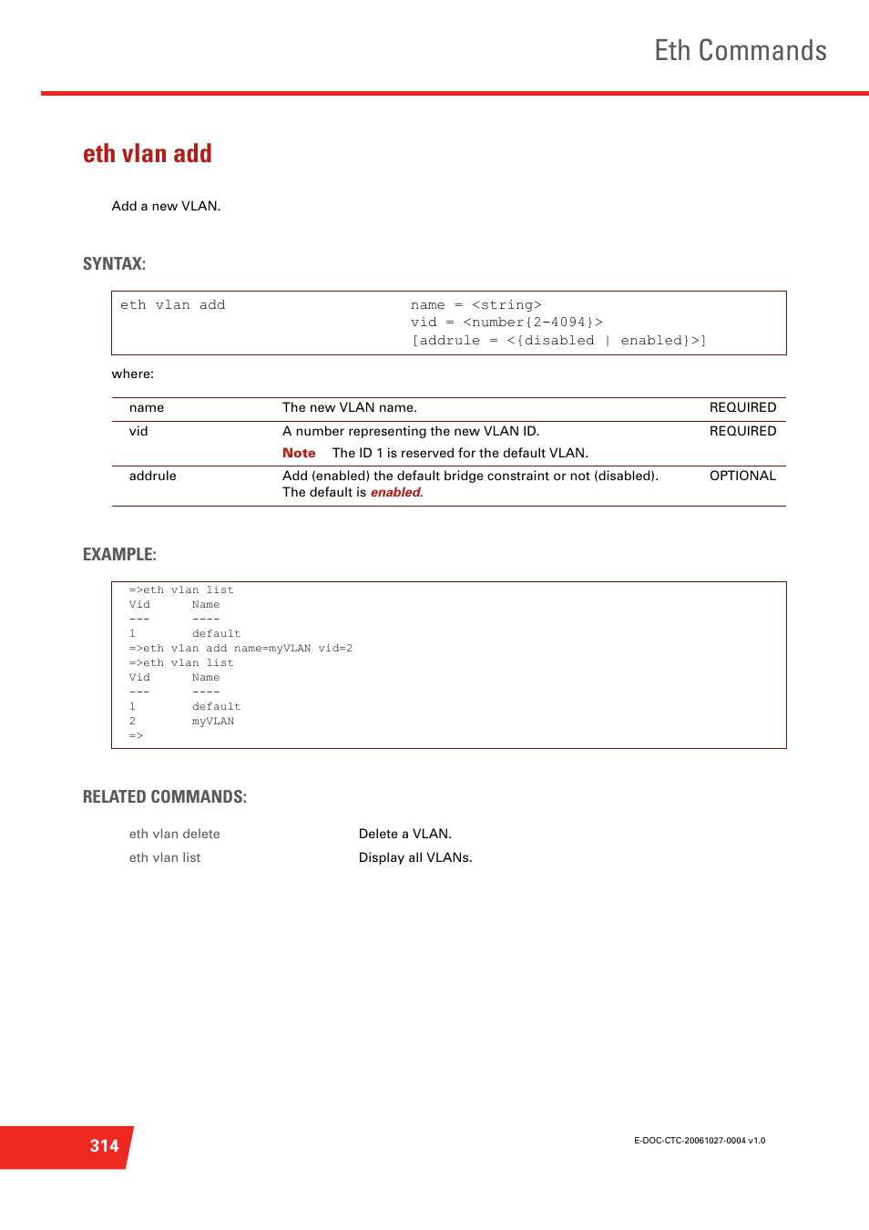 Eth vlan add, Eth commands, Syntax | Example: related commands | Technicolor - Thomson ST585 V6 User Manual | Page 338 / 834