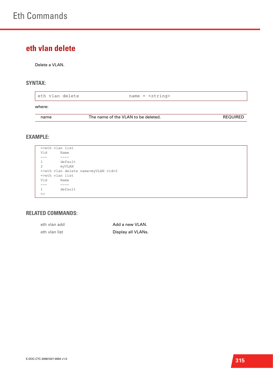 Eth vlan delete, Eth commands, Syntax | Example: related commands | Technicolor - Thomson ST585 V6 User Manual | Page 339 / 834