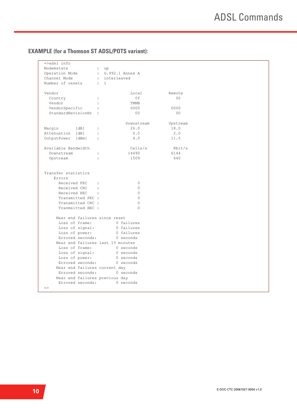 Adsl commands, 10 example (for a thomson st adsl/pots variant) | Technicolor - Thomson ST585 V6 User Manual | Page 34 / 834