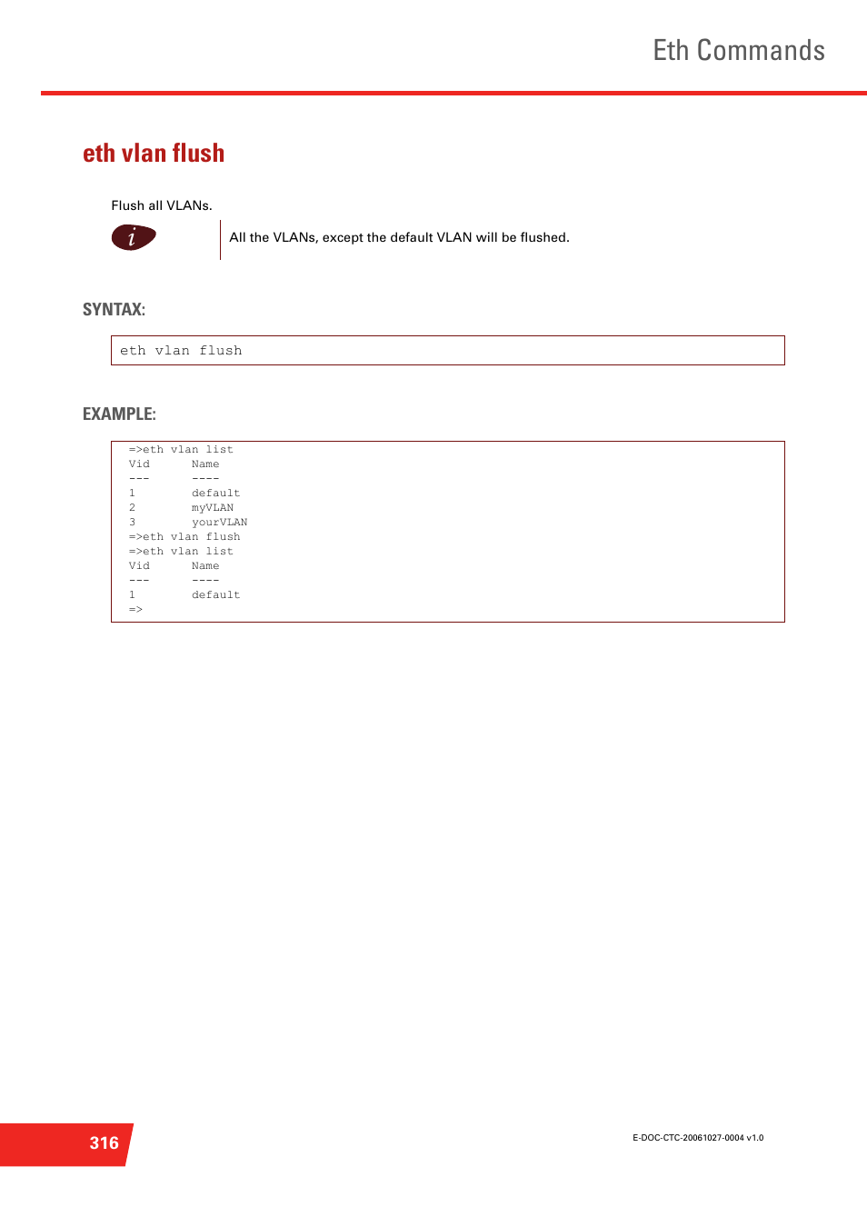 Eth vlan flush, Eth commands, Syntax: example | Technicolor - Thomson ST585 V6 User Manual | Page 340 / 834