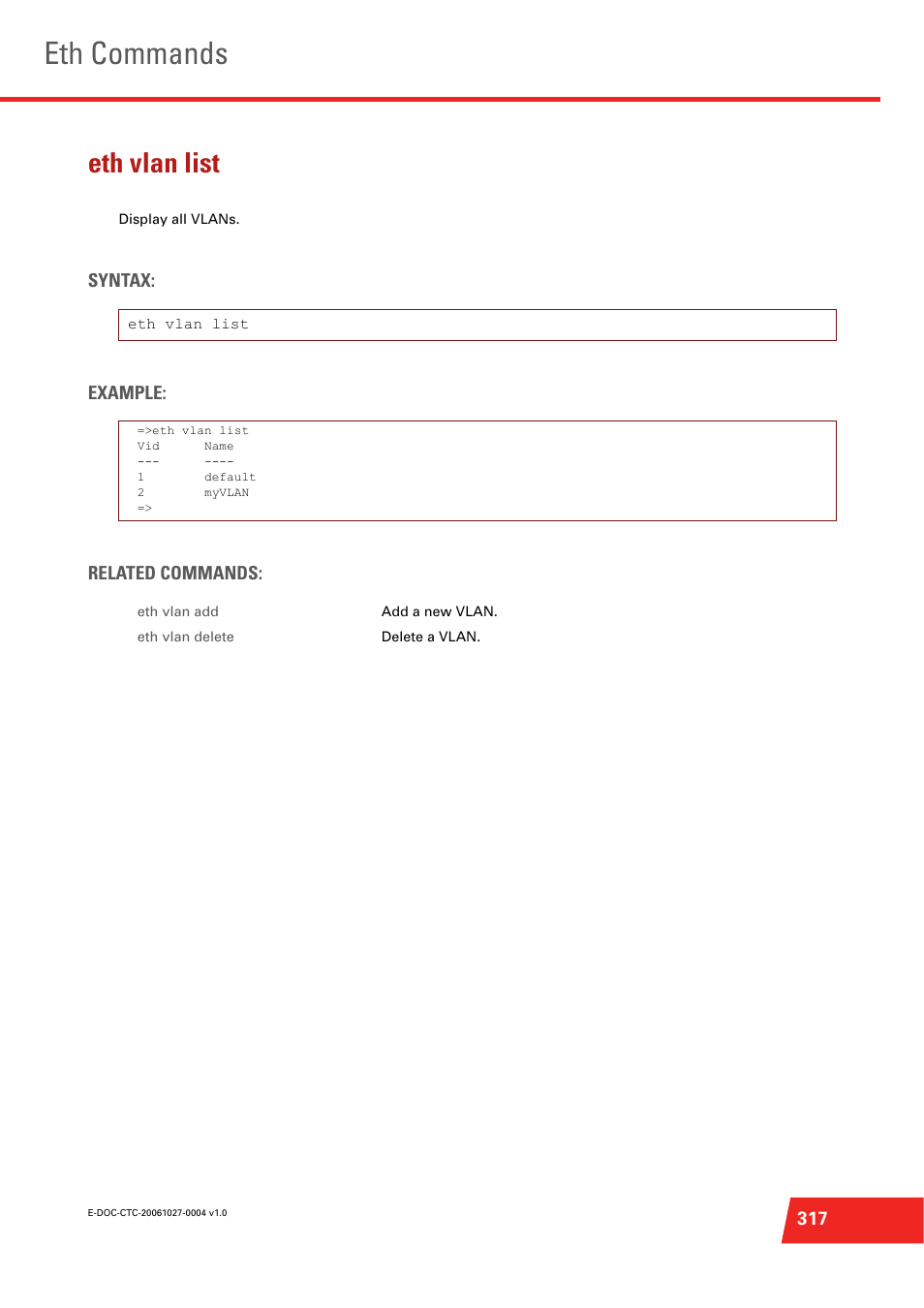 Eth vlan list, Eth commands, Syntax: example: related commands | Technicolor - Thomson ST585 V6 User Manual | Page 341 / 834