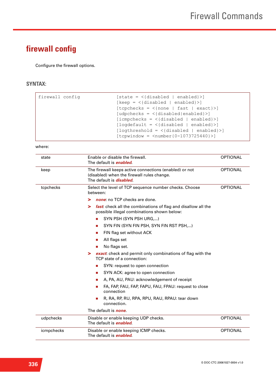 Firewall config, Configure the firewall options, Firewall commands | Syntax | Technicolor - Thomson ST585 V6 User Manual | Page 360 / 834