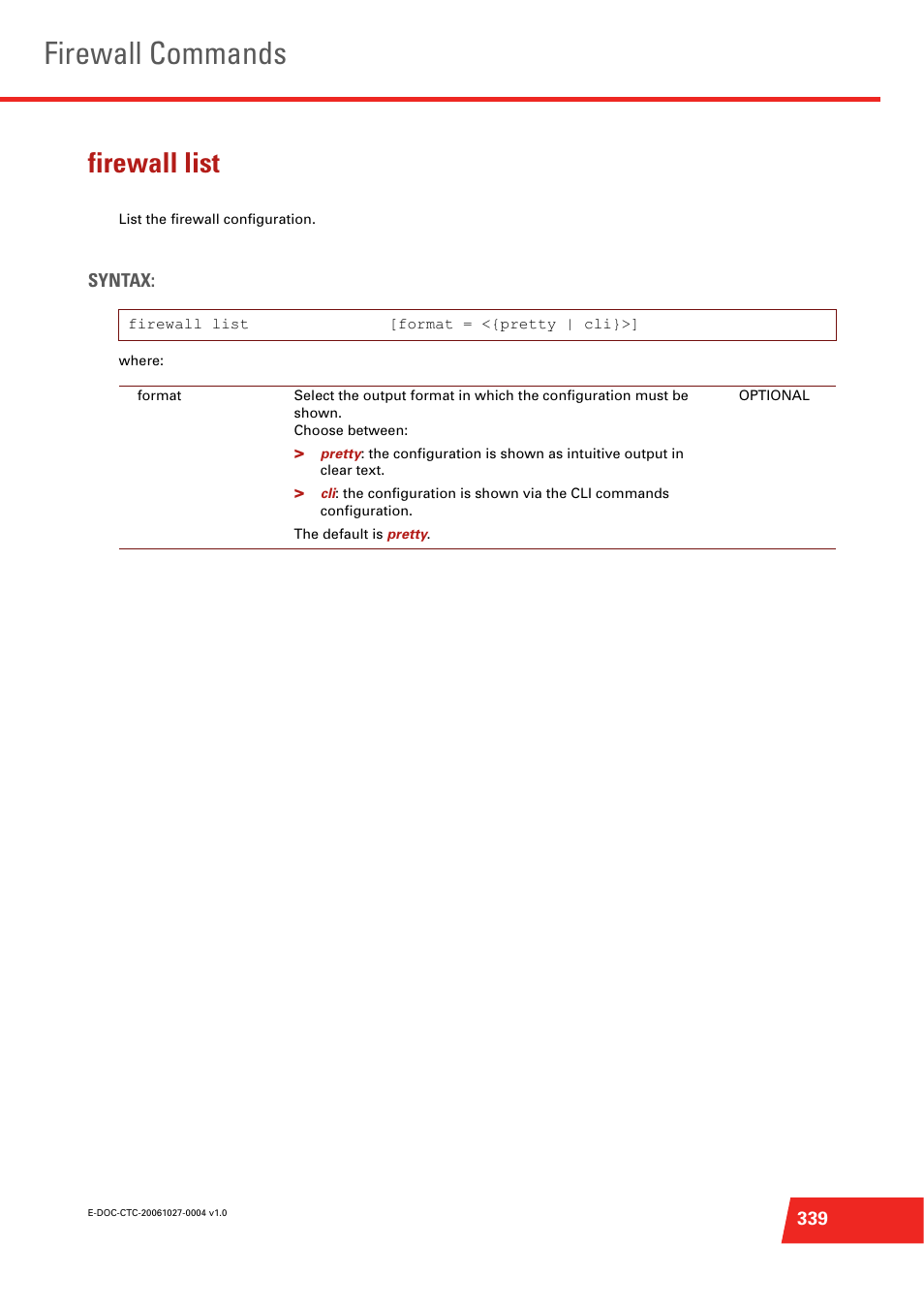 Firewall list, List the firewall configuration, Firewall commands | Technicolor - Thomson ST585 V6 User Manual | Page 363 / 834