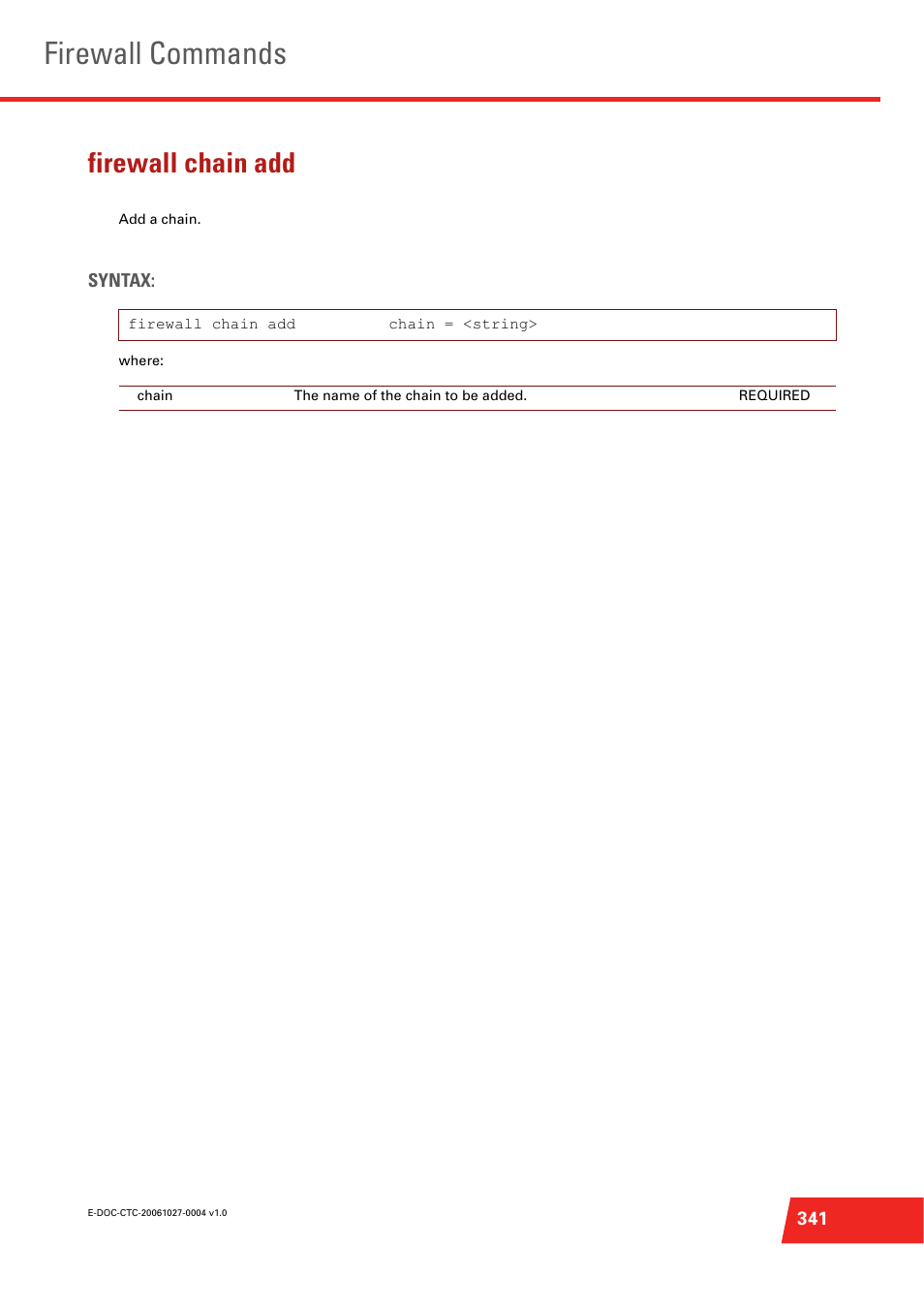 Firewall chain add, Firewall commands | Technicolor - Thomson ST585 V6 User Manual | Page 365 / 834