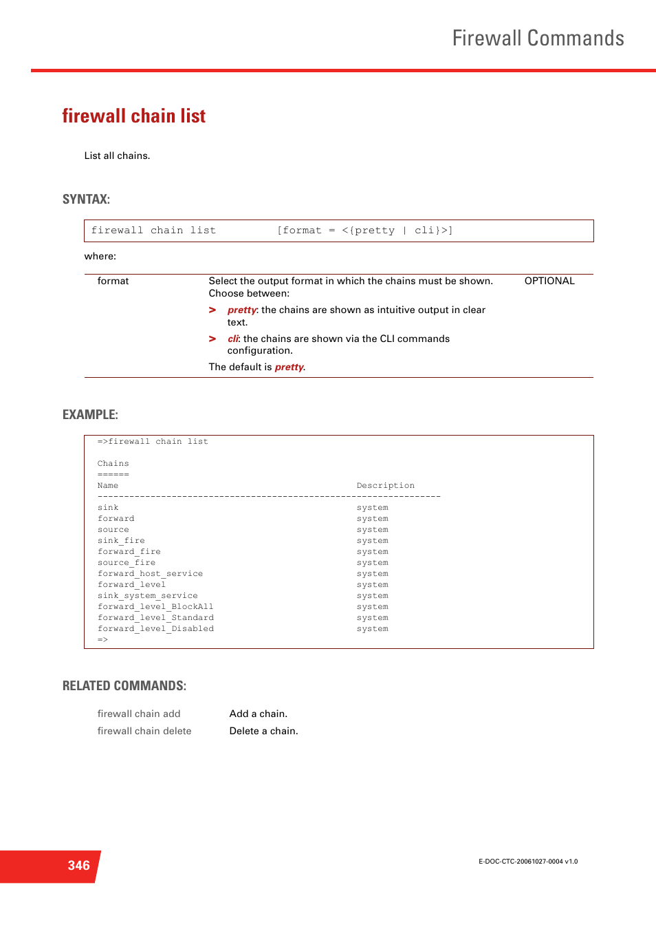 Firewall chain list, Firewall commands, Syntax | Example: related commands | Technicolor - Thomson ST585 V6 User Manual | Page 370 / 834