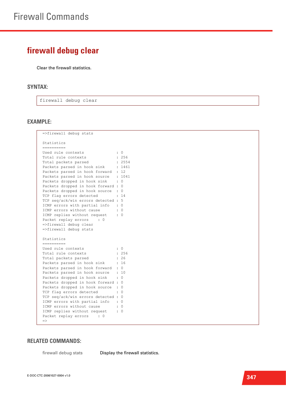 Firewall debug clear, Firewall commands, Syntax: example: related commands | Technicolor - Thomson ST585 V6 User Manual | Page 371 / 834