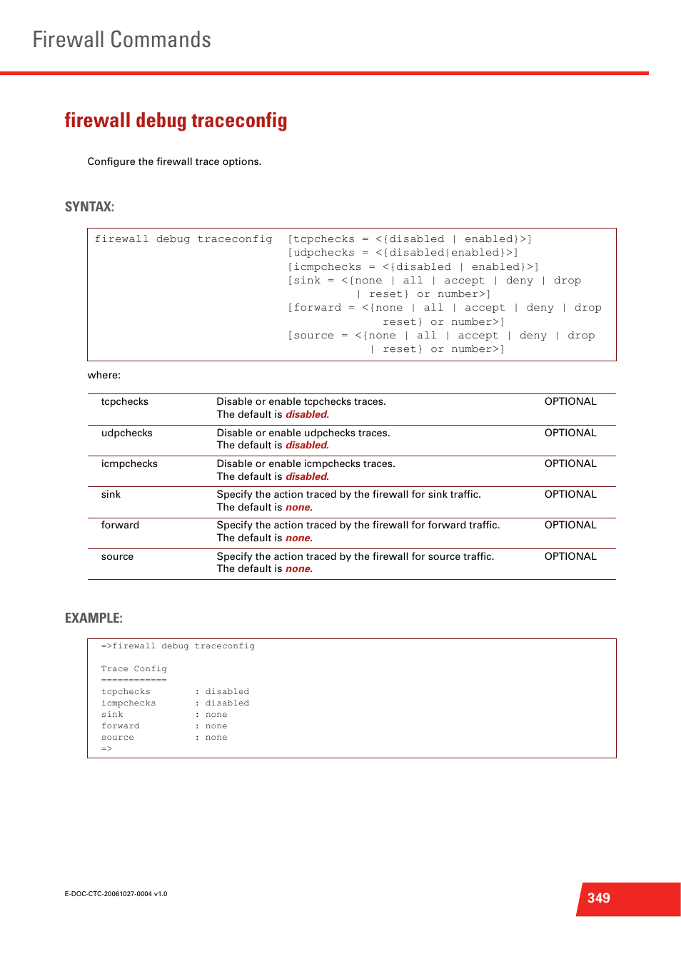 Firewall debug traceconfig, Firewall commands, Syntax | Example | Technicolor - Thomson ST585 V6 User Manual | Page 373 / 834