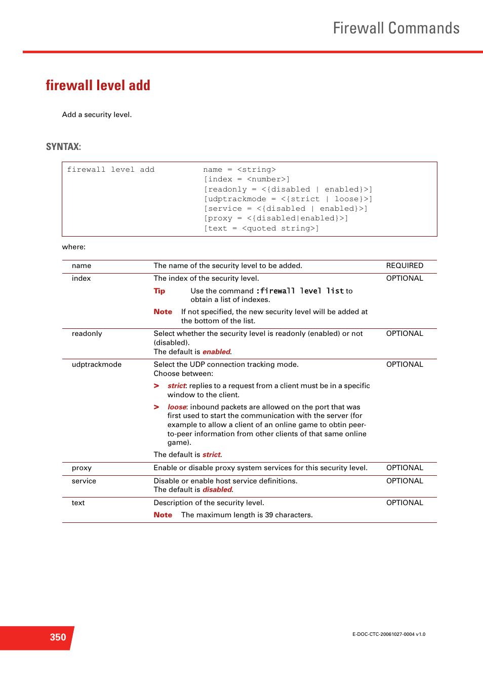 Firewall level add, Add a security level, Firewall commands | Syntax | Technicolor - Thomson ST585 V6 User Manual | Page 374 / 834