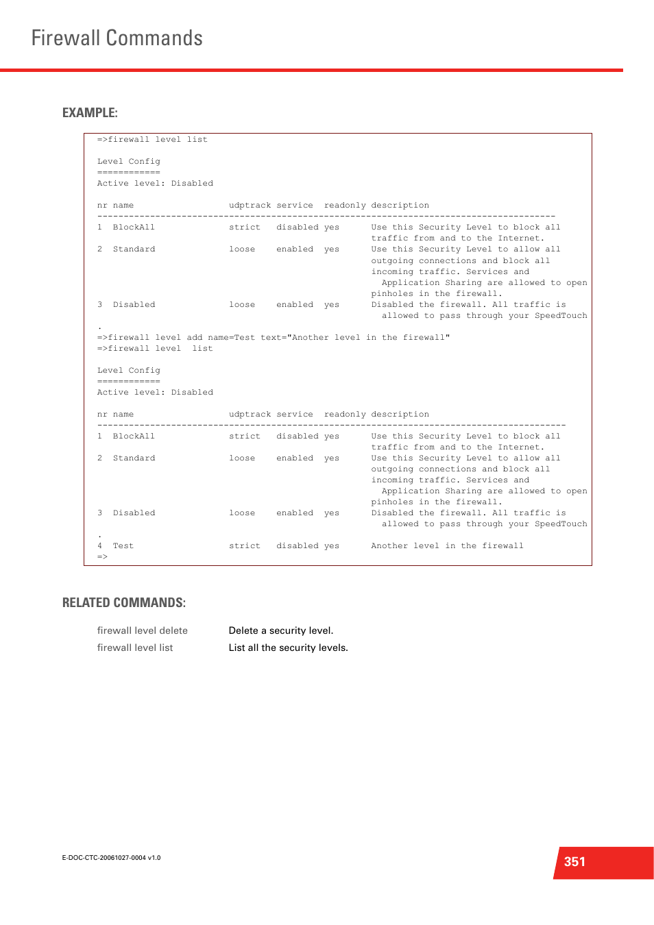 Firewall commands, 351 example: related commands | Technicolor - Thomson ST585 V6 User Manual | Page 375 / 834