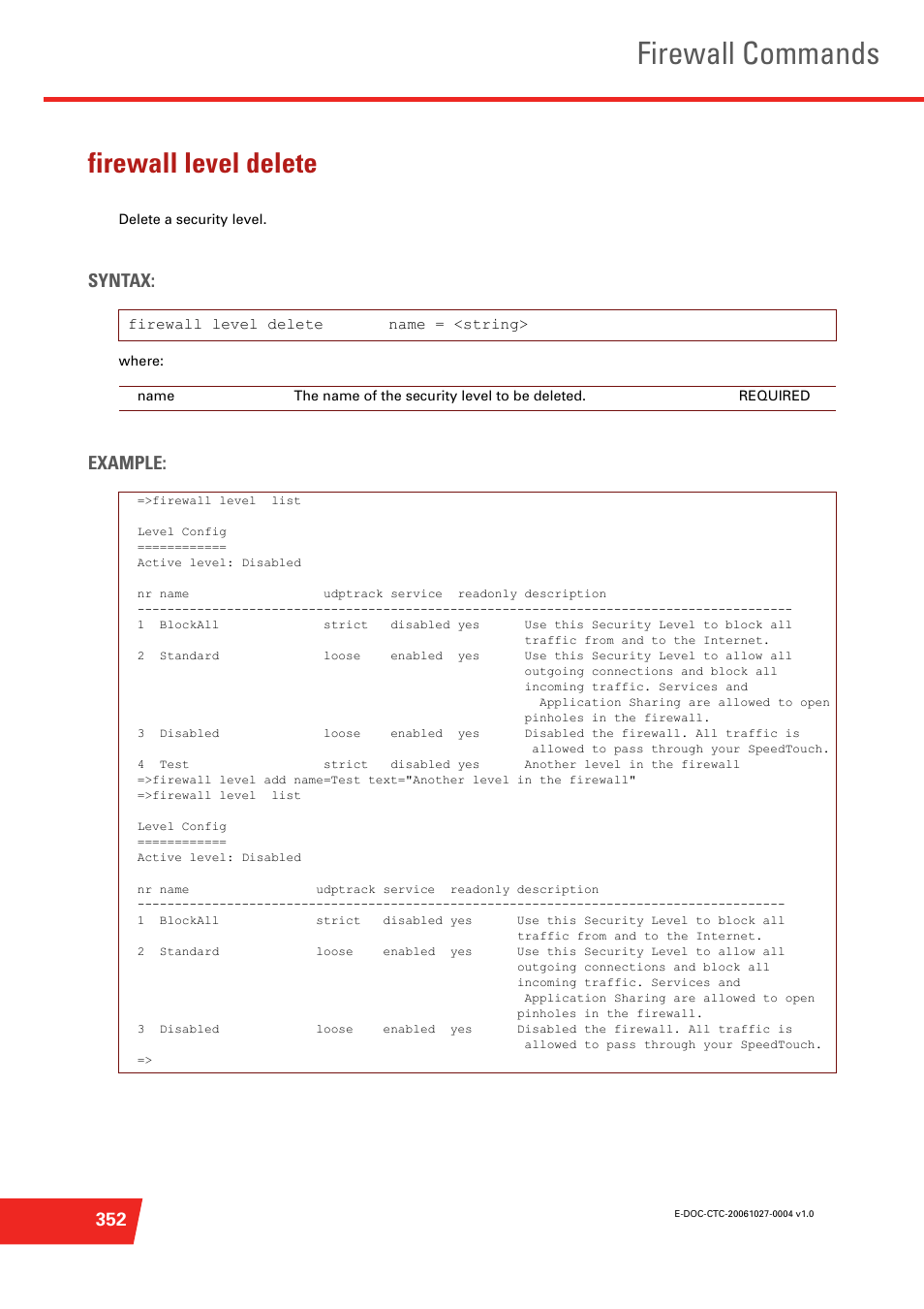 Firewall level delete, Delete a security level, Firewall commands | Syntax, Example | Technicolor - Thomson ST585 V6 User Manual | Page 376 / 834