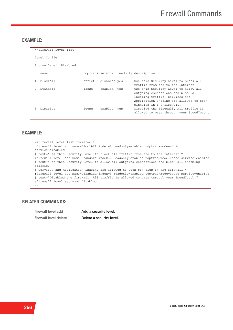 Firewall commands, 356 example: example: related commands | Technicolor - Thomson ST585 V6 User Manual | Page 380 / 834