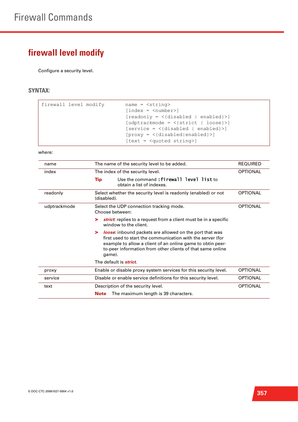 Firewall level modify, Configure a security level, Firewall commands | Syntax | Technicolor - Thomson ST585 V6 User Manual | Page 381 / 834