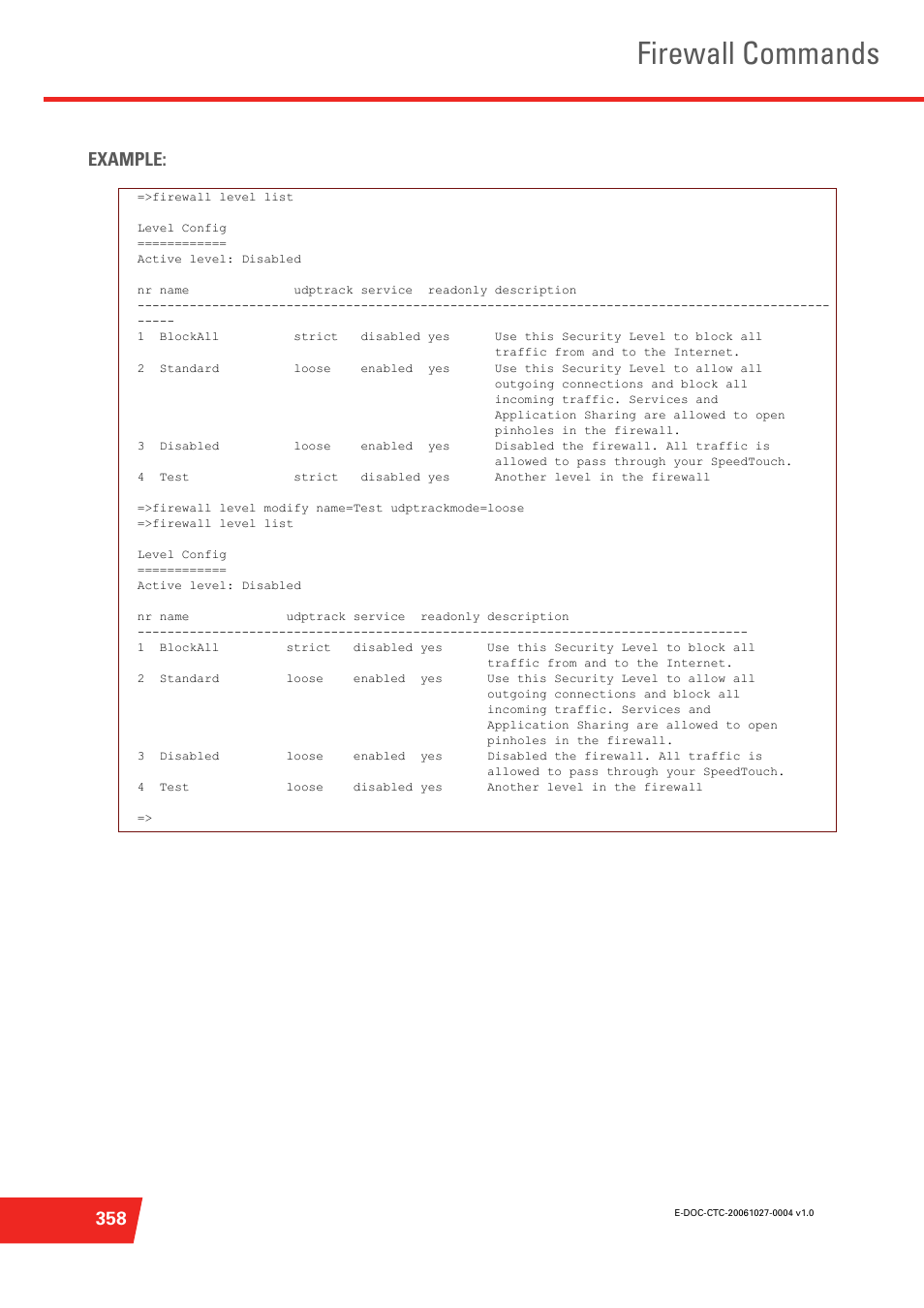 Firewall commands, 358 example | Technicolor - Thomson ST585 V6 User Manual | Page 382 / 834