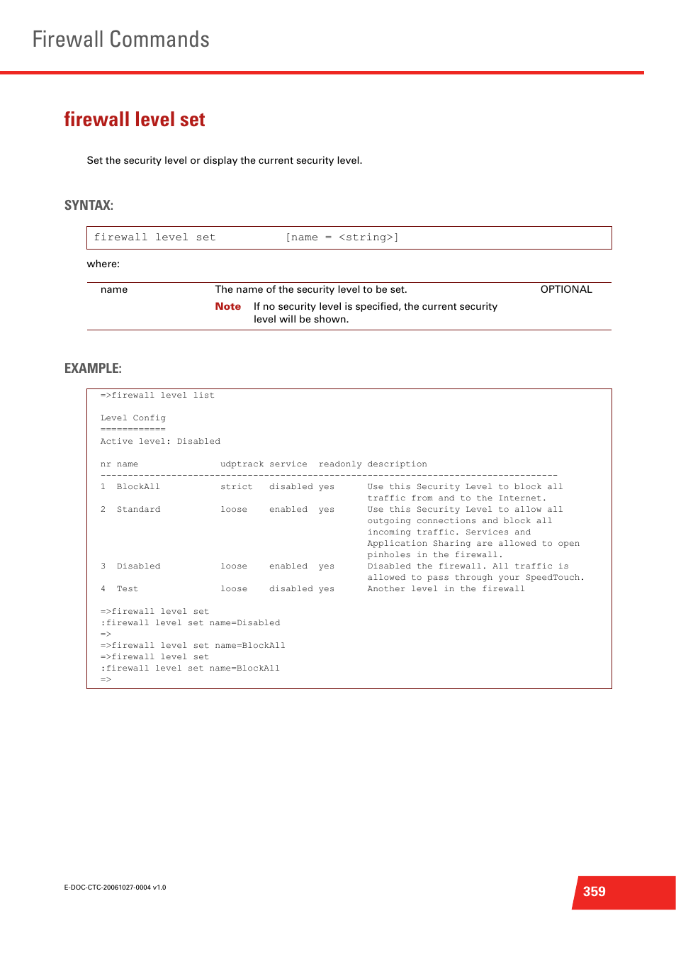 Firewall level set, Firewall commands, Syntax | Example | Technicolor - Thomson ST585 V6 User Manual | Page 383 / 834