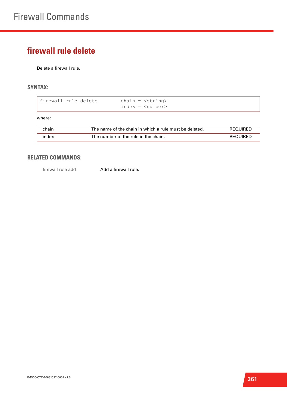 Firewall rule delete, Delete a firewall rule, Firewall commands | Technicolor - Thomson ST585 V6 User Manual | Page 385 / 834