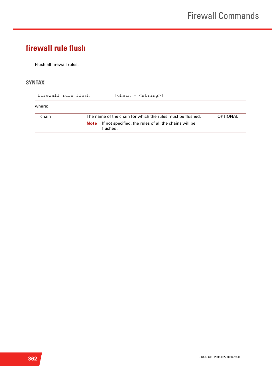 Firewall rule flush, Flush all firewall rules, Firewall commands | Technicolor - Thomson ST585 V6 User Manual | Page 386 / 834