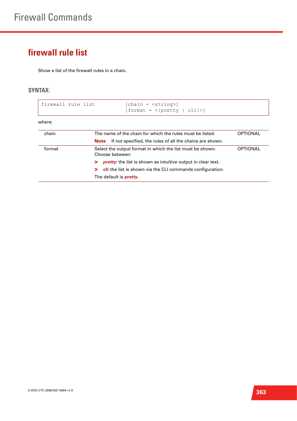 Firewall rule list, Show a list of the firewall rules in a chain, Firewall commands | Technicolor - Thomson ST585 V6 User Manual | Page 387 / 834