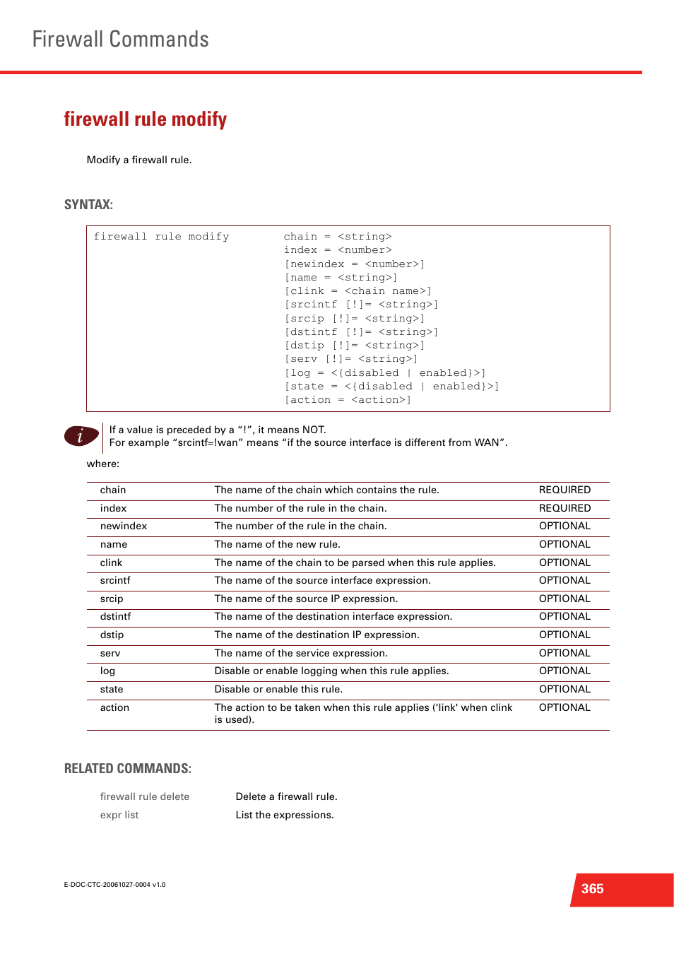 Firewall rule modify, Modify a firewall rule, Firewall commands | Syntax, Related commands | Technicolor - Thomson ST585 V6 User Manual | Page 389 / 834