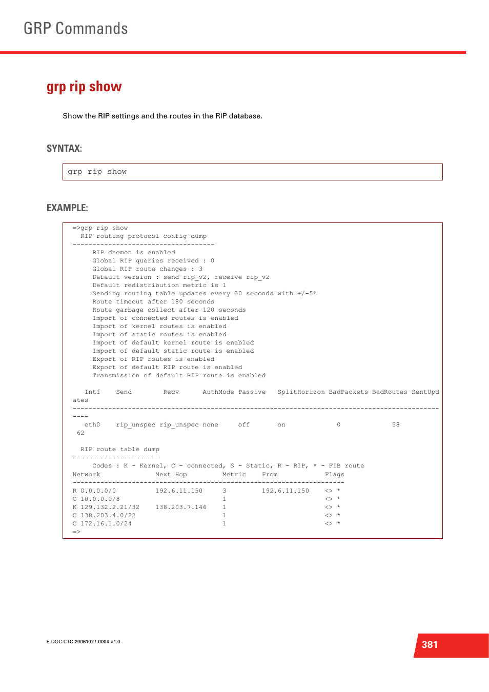 Grp rip show, Grp commands, Syntax: example | Technicolor - Thomson ST585 V6 User Manual | Page 405 / 834