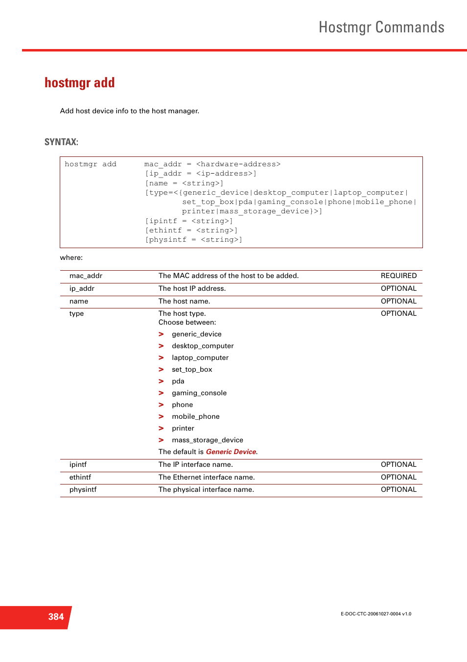 Hostmgr add, Add host device info to the host manager, Hostmgr commands | Technicolor - Thomson ST585 V6 User Manual | Page 408 / 834