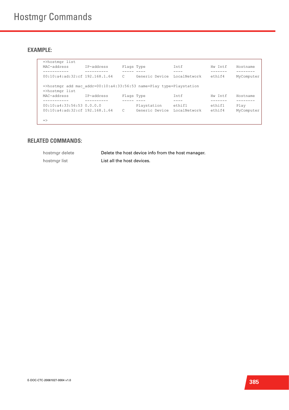 Hostmgr commands, 385 example: related commands | Technicolor - Thomson ST585 V6 User Manual | Page 409 / 834