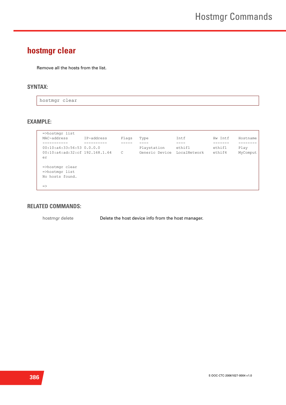 Hostmgr clear, Remove all the hosts from the list, Hostmgr commands | Syntax: example: related commands | Technicolor - Thomson ST585 V6 User Manual | Page 410 / 834