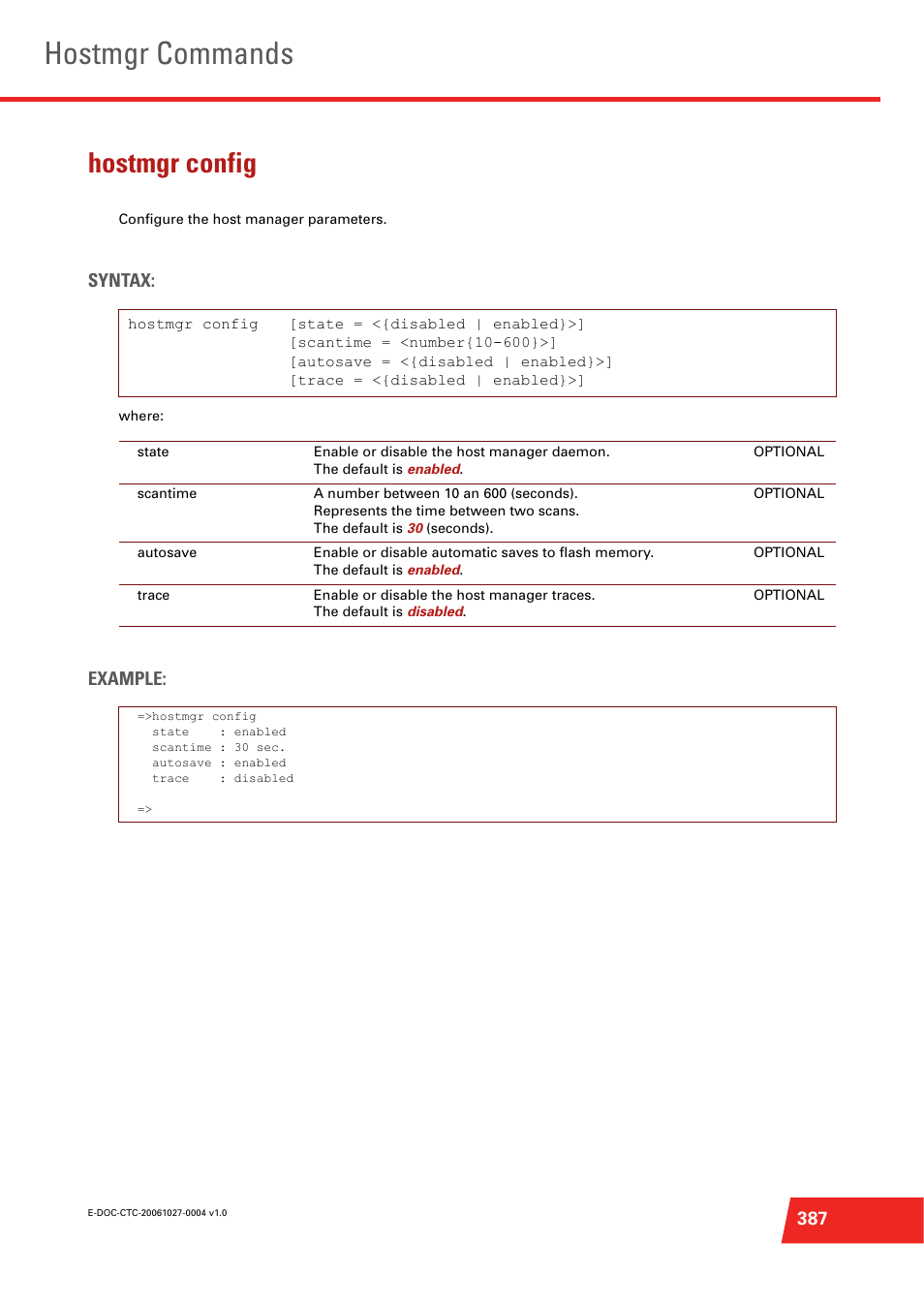 Hostmgr config, Configure the host manager parameters, Hostmgr commands | Syntax, Example | Technicolor - Thomson ST585 V6 User Manual | Page 411 / 834