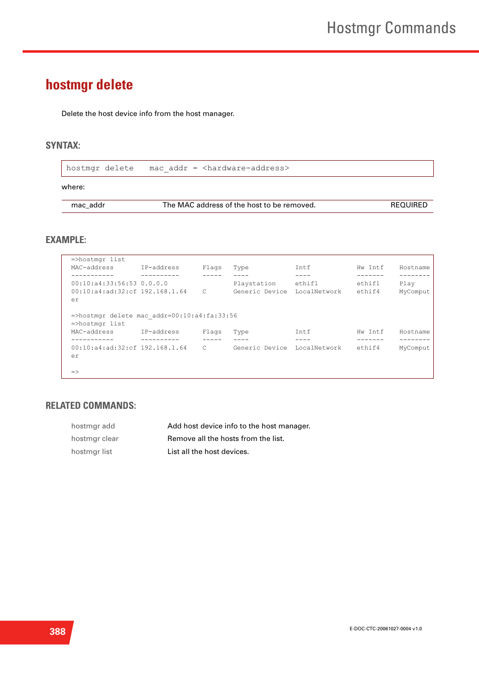 Hostmgr delete, Hostmgr commands, Syntax | Example: related commands | Technicolor - Thomson ST585 V6 User Manual | Page 412 / 834