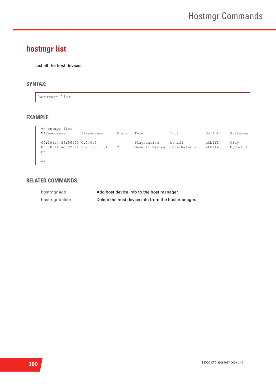 Hostmgr list, List all the host devices, Hostmgr commands | Syntax: example: related commands | Technicolor - Thomson ST585 V6 User Manual | Page 414 / 834