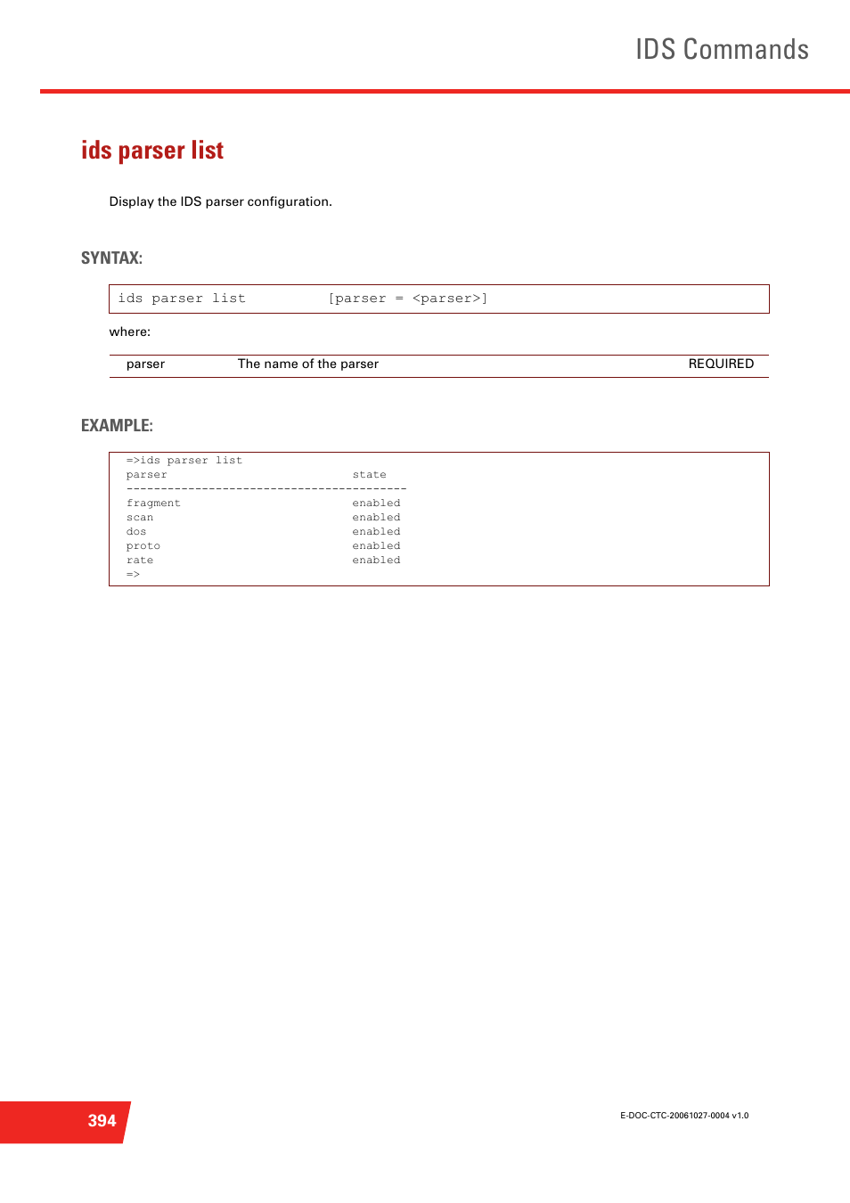 Ids parser list, Display the ids parser configuration, Ids commands | Syntax, Example | Technicolor - Thomson ST585 V6 User Manual | Page 418 / 834