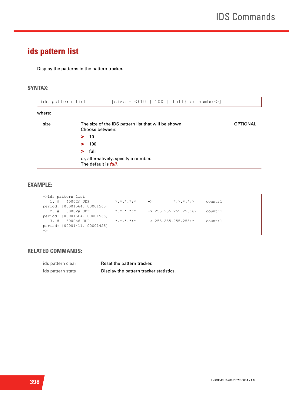 Ids pattern list, Display the patterns in the pattern tracker, Ids commands | Syntax, Example: related commands | Technicolor - Thomson ST585 V6 User Manual | Page 422 / 834