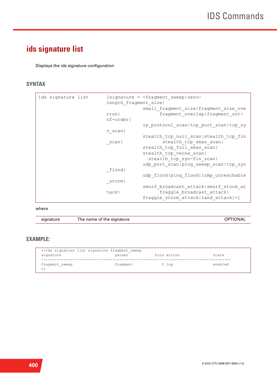 Ids signature list, Displays the ids signature configuration, Ids commands | Technicolor - Thomson ST585 V6 User Manual | Page 424 / 834