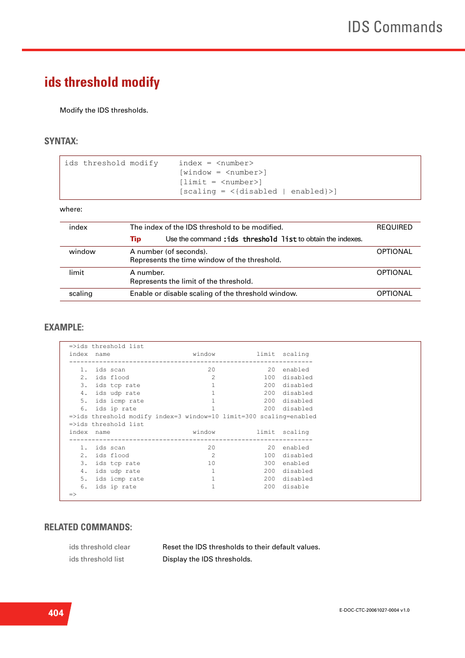 Ids threshold modify, Modify the ids thresholds, Ids commands | Syntax, Example: related commands | Technicolor - Thomson ST585 V6 User Manual | Page 428 / 834