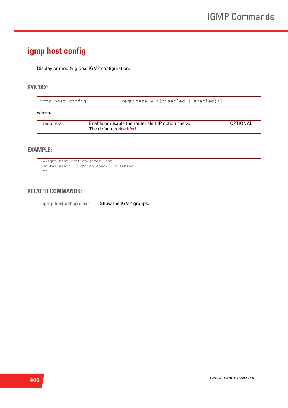 Igmp host config, Display or modify global igmp configuration, Igmp commands | Technicolor - Thomson ST585 V6 User Manual | Page 430 / 834