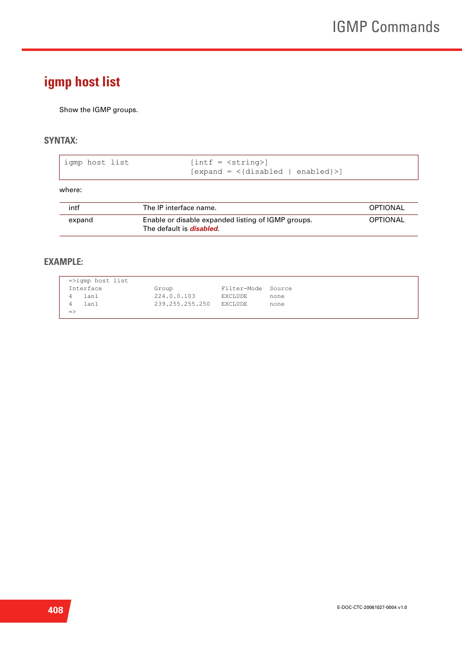 Igmp host list, Igmp commands, Syntax | Example | Technicolor - Thomson ST585 V6 User Manual | Page 432 / 834