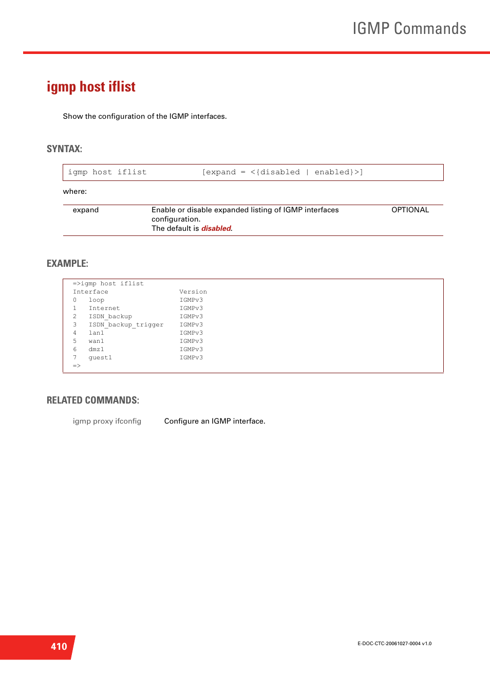 Igmp host iflist, Igmp commands, Syntax | Example: related commands | Technicolor - Thomson ST585 V6 User Manual | Page 434 / 834